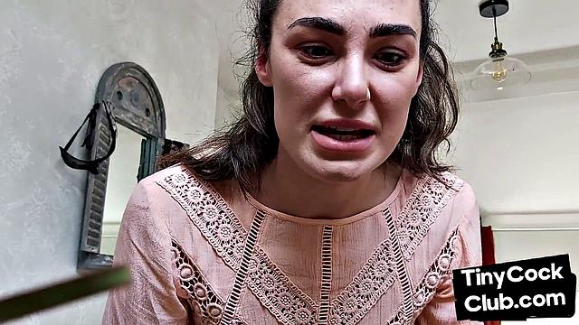 Stunning babe reacts to small dude