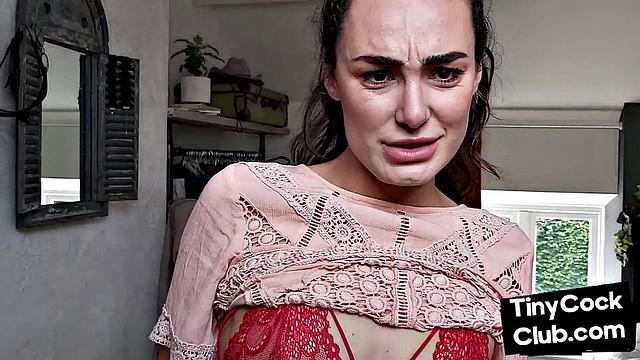 Stunning babe reacts to small dude