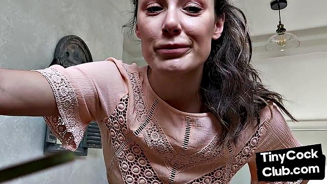 Stunning babe reacts to small dude