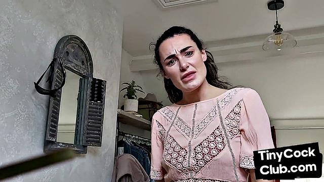 Stunning babe reacts to small dude