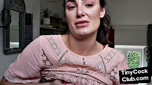 Stunning babe reacts to small dude