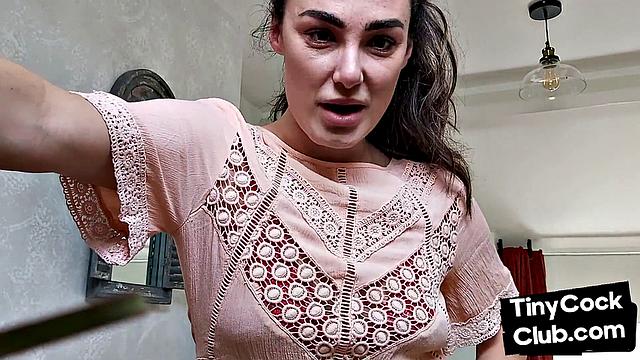 Stunning babe reacts to small dude