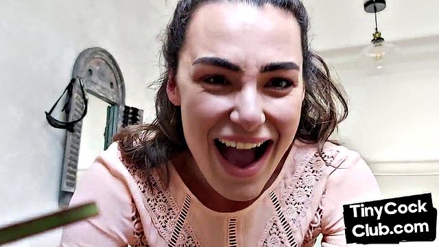 Stunning babe reacts to small dude