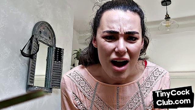 Stunning babe reacts to small dude