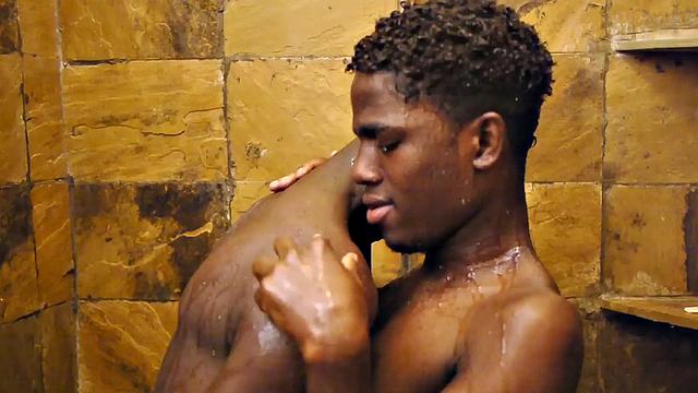 Barebacked African twink sucks BF's under shower