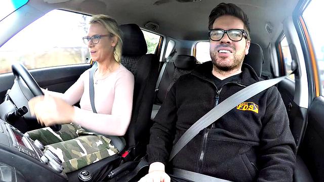 Naughty instructor gets a hardcore pounding in the backseat and glasses