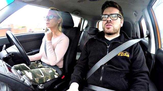 Naughty instructor gets a hardcore pounding in the backseat and glasses