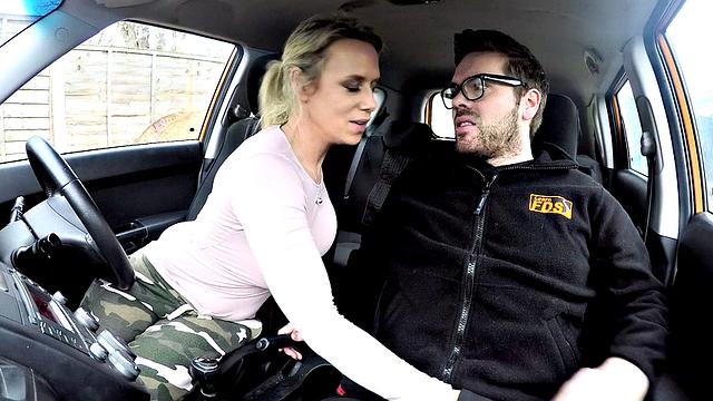 Naughty instructor gets a hardcore pounding in the backseat and glasses