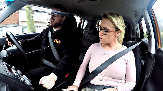Naughty instructor gets a hardcore pounding in the backseat and glasses