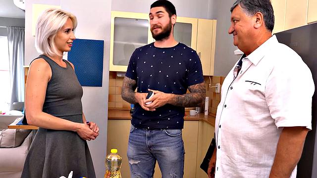 Amy Douxxx's shaved muff gets licked and slammed by her father-in-law in the kitchen