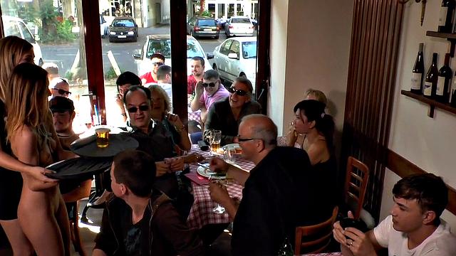 Public sub sucking dom dick in group wit voyeurs watching