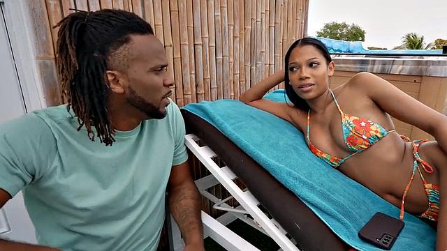 Black big titted slut fucked by BBC outdoors in missionary