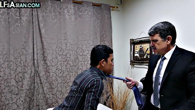 Gay businessman gets fucked by Asian skinny twink in office