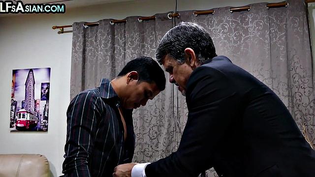 Gay businessman gets fucked by Asian skinny twink in office