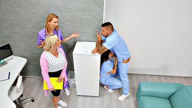 Busty big ass nurse deepthroats doctor in his office