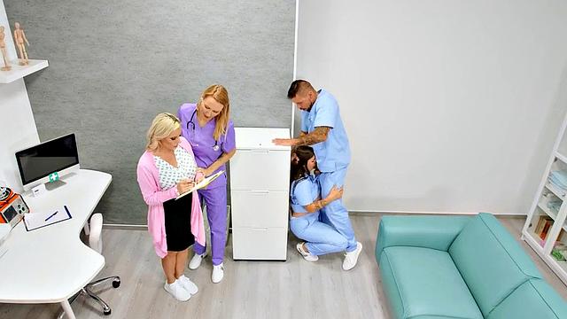 Watch this curvy nurse with tattoos deepthroat a doctor's big cock in his office
