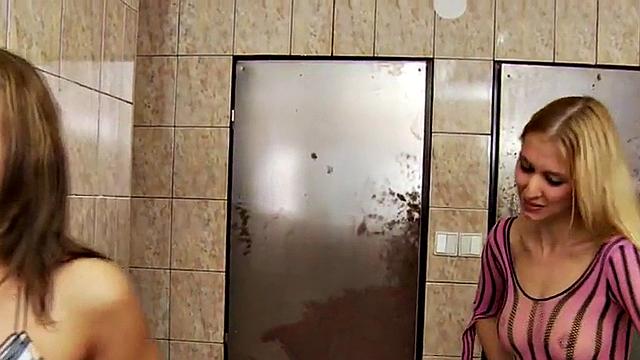 Strapon CFNM femdom babes pegging guy in toilet