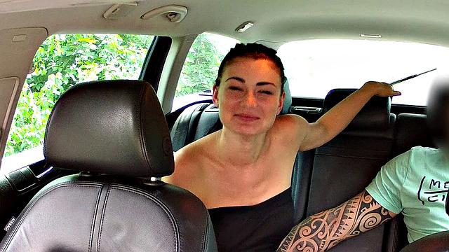Brunette Hottie in Tattooed Outdoors Sucks and Fucks to Get Out of Cab Drivers' Wrath