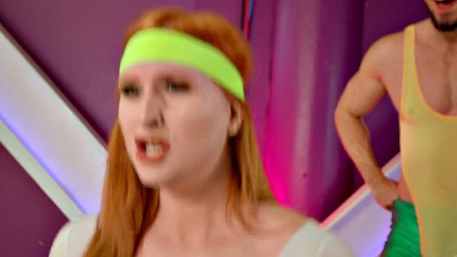 Curvy redhead tgirl sucked before sex in workout gear