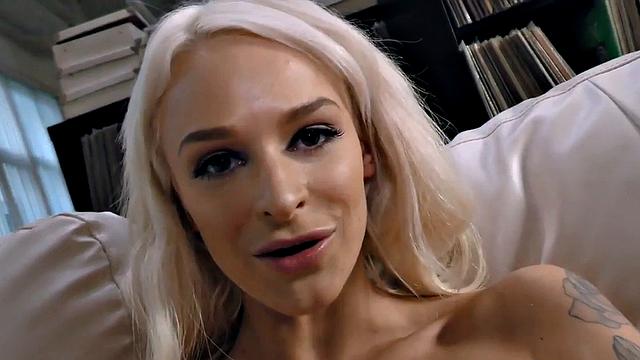 skinny tattooed babe sucks POV dong and talks dirty