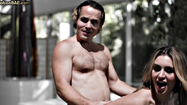 Cheating babe sucks cock and got pussy pounded in threesome