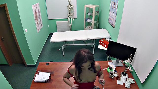 Kinky patient with small tits gulps down cum in a thong while being dominated in doggystyle