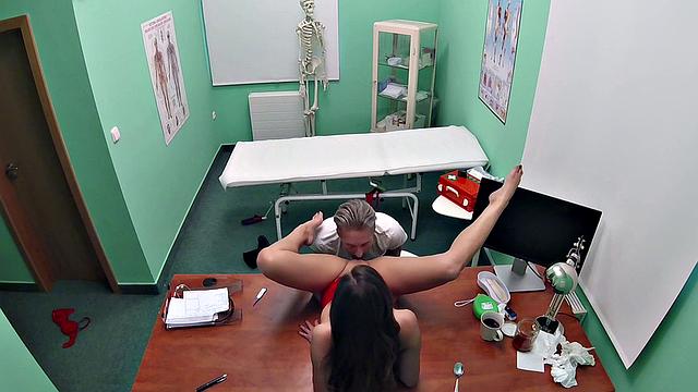 Kinky patient with small tits gulps down cum in a thong while being dominated in doggystyle