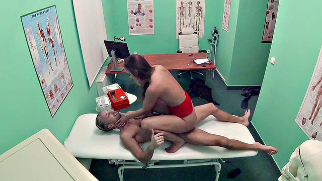 Kinky patient with small tits gulps down cum in a thong while being dominated in doggystyle