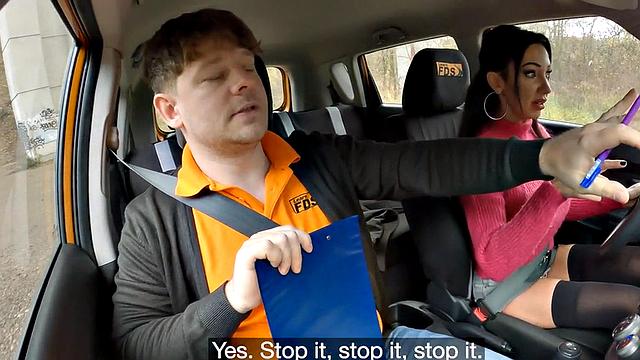 Real busty student rides instructor's cock in car