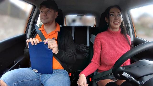 Real busty student rides instructor's cock in car