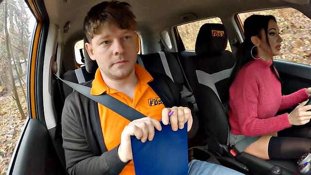 Real busty student rides instructor's cock in car