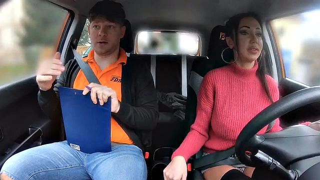 Real busty student rides instructor's cock in car
