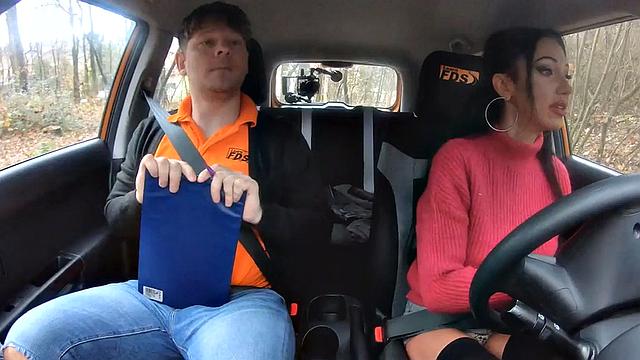 Real busty student rides instructor's cock in car