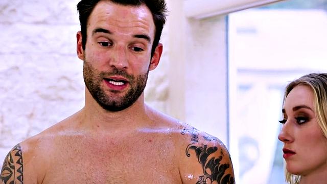 Oiled-up stepsis deepthroats stepbrother's rod before getting pounded in taboo shower sex