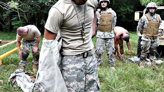 Military jock fucked in outdoor orgy in front of army voeurs