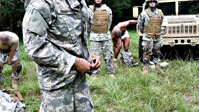 Military jock fucked in outdoor orgy in front of army voeurs