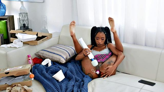 Squirting ebony scissoring with busty MILF after toyed