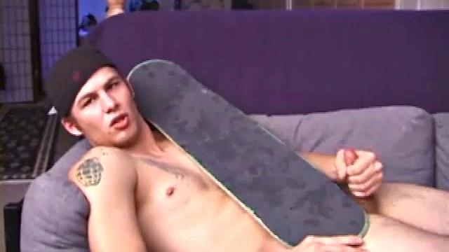 Cocky skater boy Stephan tsrips naked and cues up some porn, as he lubes up and plays with his cock. After giving himself long and slow strokes, Stephan blasts his cum load out onto his skateboard.