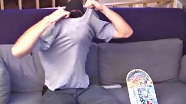 Cocky skater boy Stephan tsrips naked and cues up some porn, as he lubes up and plays with his cock. After giving himself long and slow strokes, Stephan blasts his cum load out onto his skateboard.