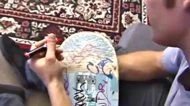 Cocky skater boy Stephan tsrips naked and cues up some porn, as he lubes up and plays with his cock. After giving himself long and slow strokes, Stephan blasts his cum load out onto his skateboard.