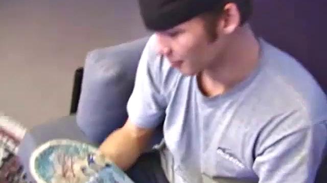 Cocky skater boy Stephan tsrips naked and cues up some porn, as he lubes up and plays with his cock. After giving himself long and slow strokes, Stephan blasts his cum load out onto his skateboard.