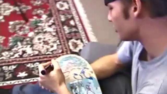 Cocky skater boy Stephan tsrips naked and cues up some porn, as he lubes up and plays with his cock. After giving himself long and slow strokes, Stephan blasts his cum load out onto his skateboard.