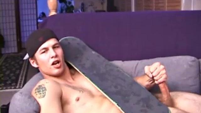 Cocky skater boy Stephan tsrips naked and cues up some porn, as he lubes up and plays with his cock. After giving himself long and slow strokes, Stephan blasts his cum load out onto his skateboard.