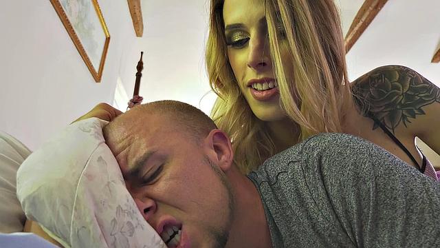 Busty inked TS babe barebacks deepthroating BF