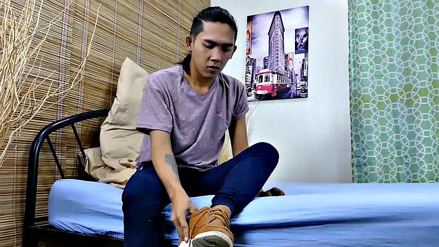 When Freddy is alone and horny, he likes to get barefoot and play with his Asian boy feet. He goes into his room and starts watching a male feet video on his smart phone.