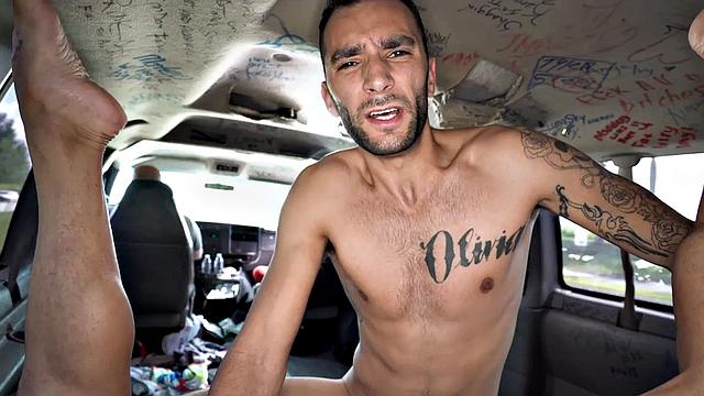 Fooled stud with tattoos fucks gay ass outdoors in van