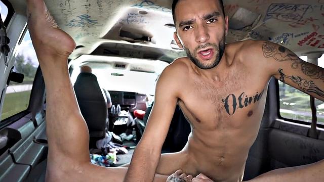 Fooled stud with tattoos fucks gay ass outdoors in van