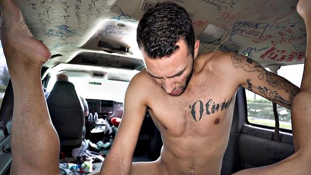 Fooled stud with tattoos fucks gay ass outdoors in van