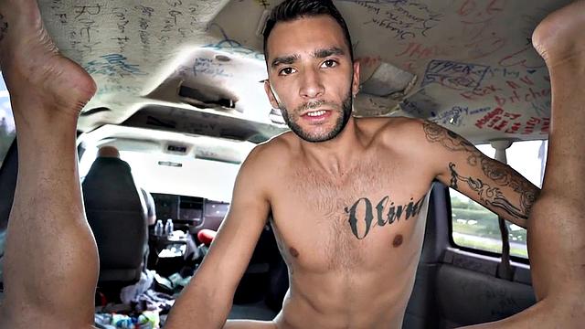 Fooled stud with tattoos fucks gay ass outdoors in van