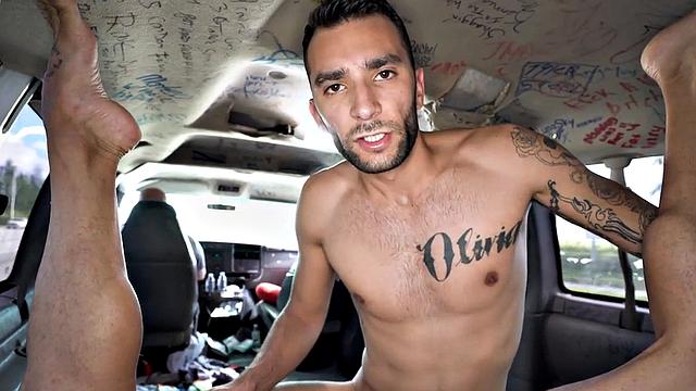 Fooled stud with tattoos fucks gay ass outdoors in van